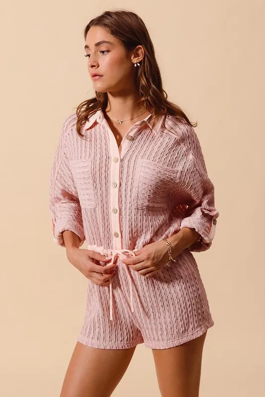 Pink Textured Knit Button Front Romper - Tigbul's Variety Fashion Shop
