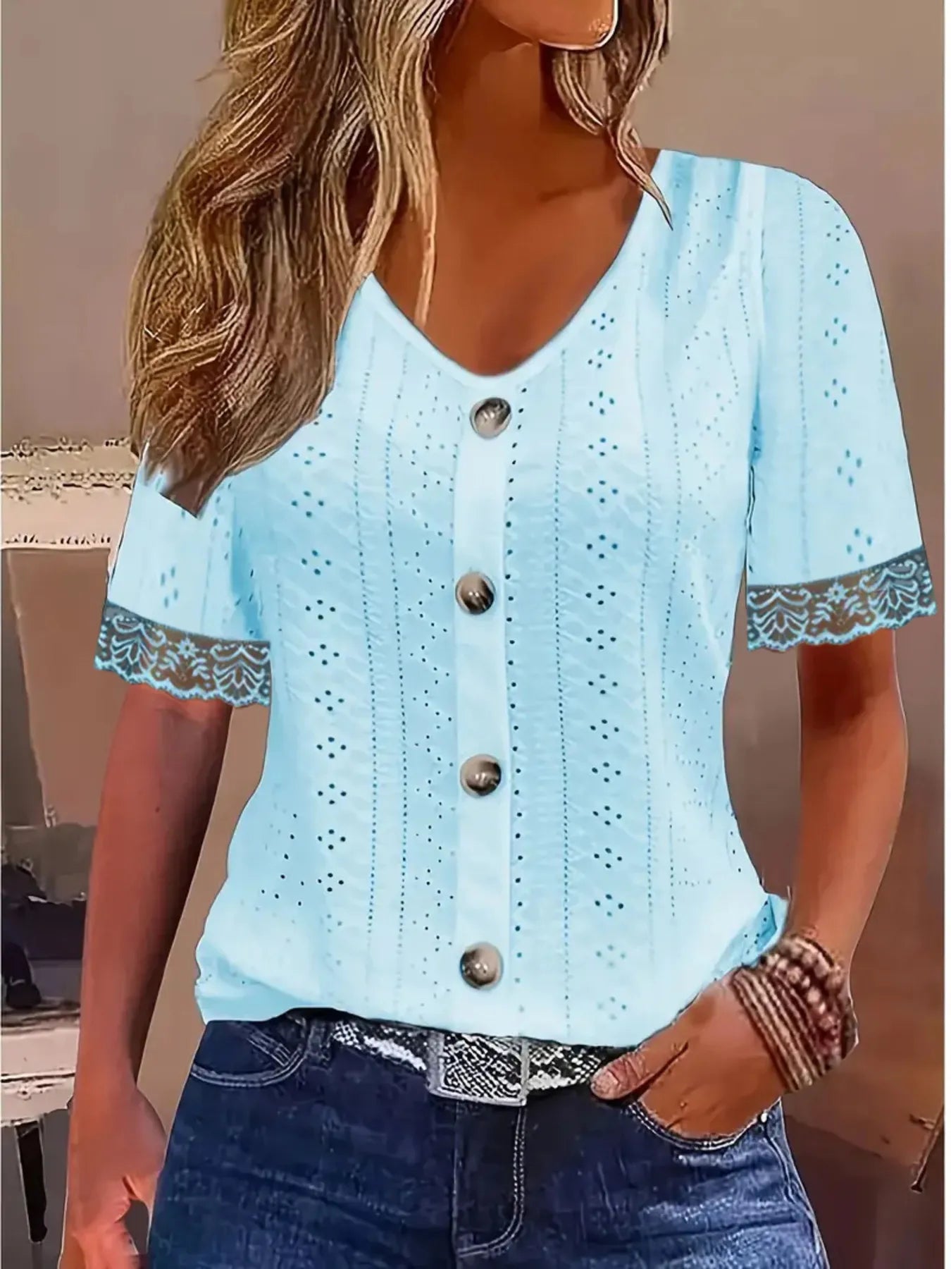 Eyelet Lace Trim Short Sleeve Blouse - Tigbul's Variety Fashion Shop