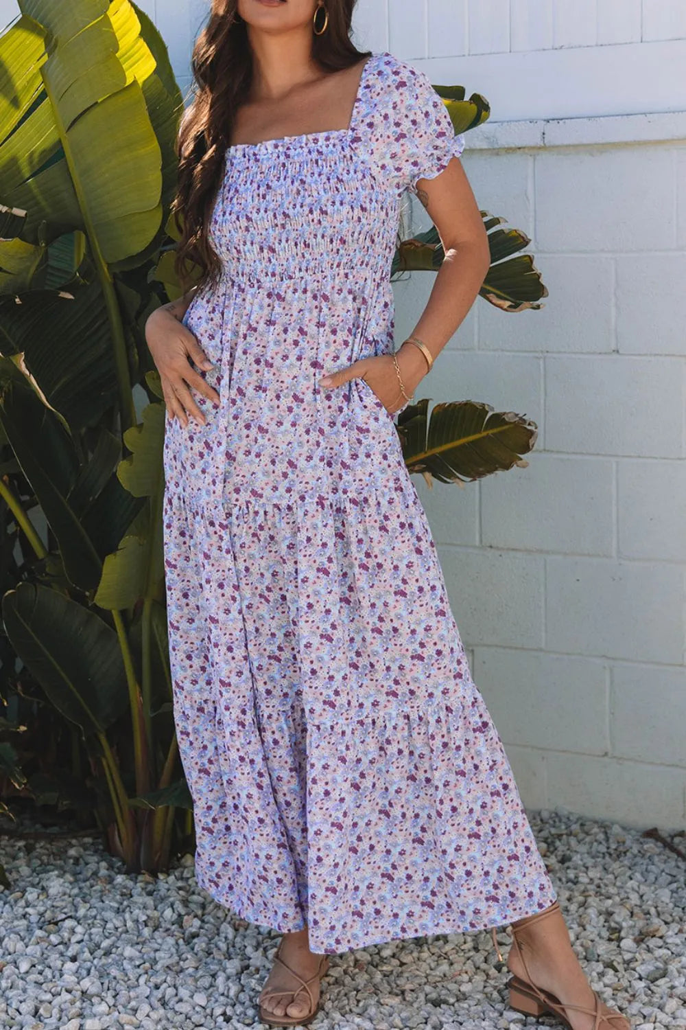 Lavender Tiered Floral Shirred High Waist Maxi Dress - Tigbul's Variety Fashion Shop
