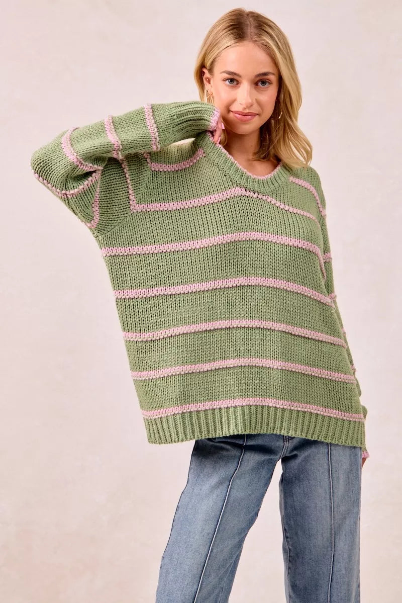 BiBi Striped Long Sleeve Sweater - Tigbul's Variety Fashion Shop