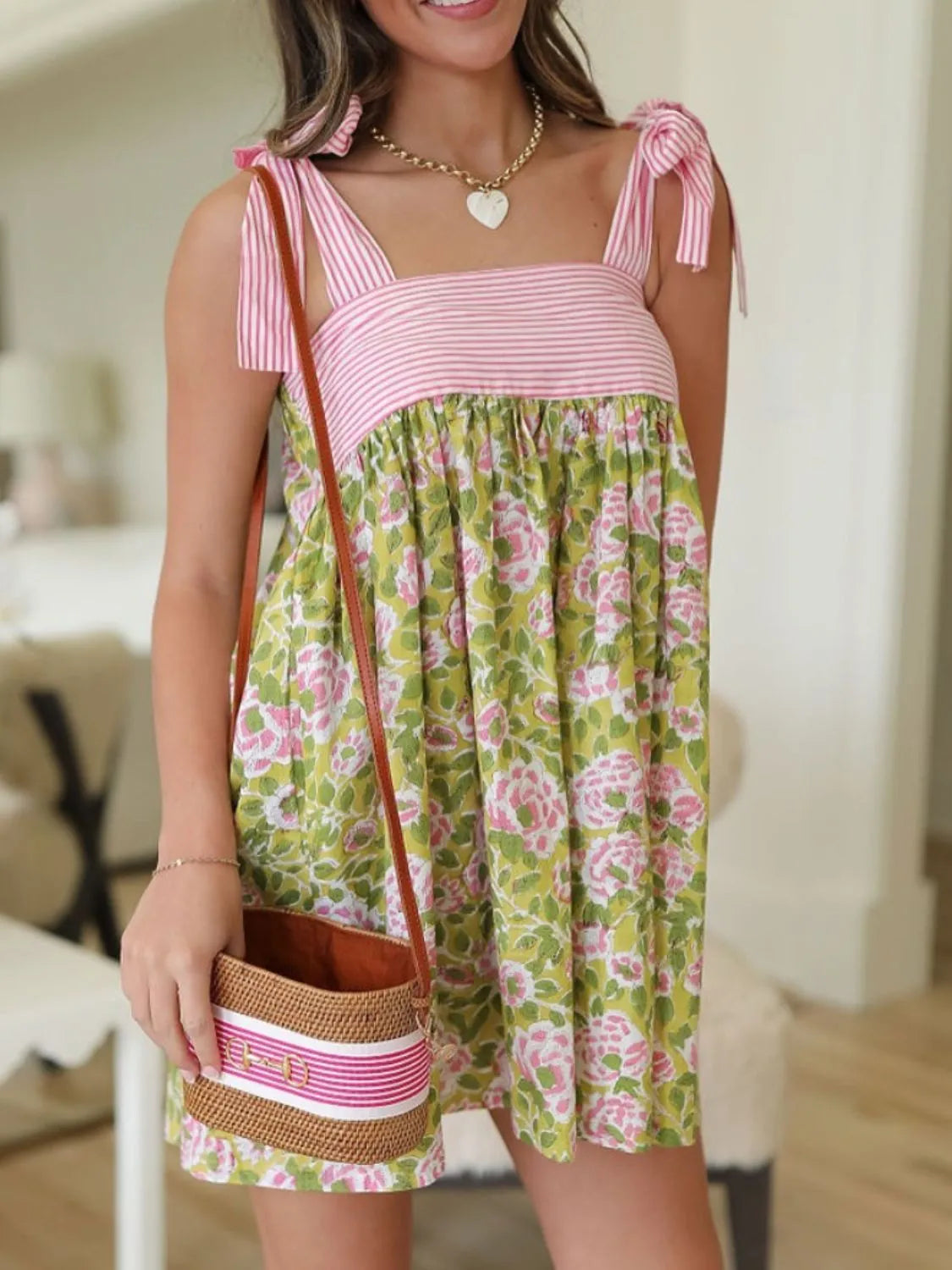 Printed Square Neck Tie Shoulder Mini Dress - Tigbul's Variety Fashion Shop