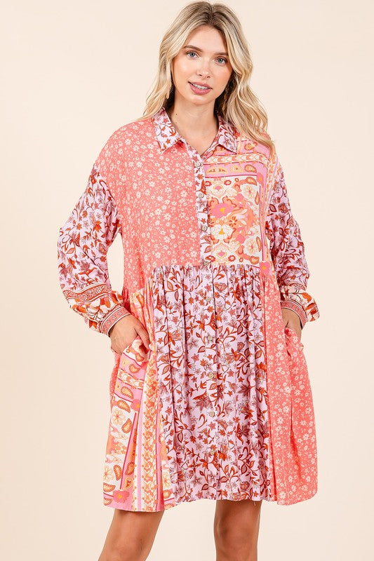 Pink Floral Button Detail Long Sleeve Shirt Dress - Tigbul's Variety Fashion Shop