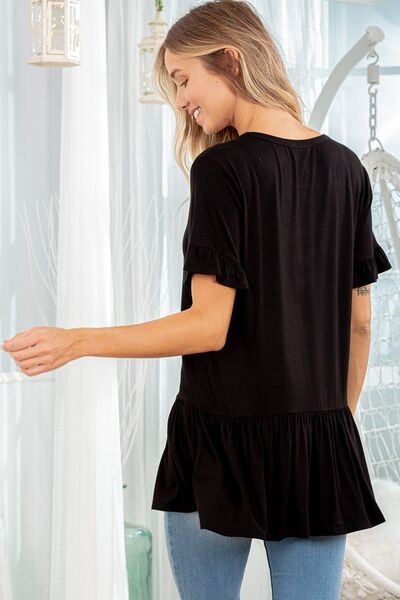 Black Ruffled V-Neck Short Sleeve Blouse - Tigbul's Variety Fashion Shop