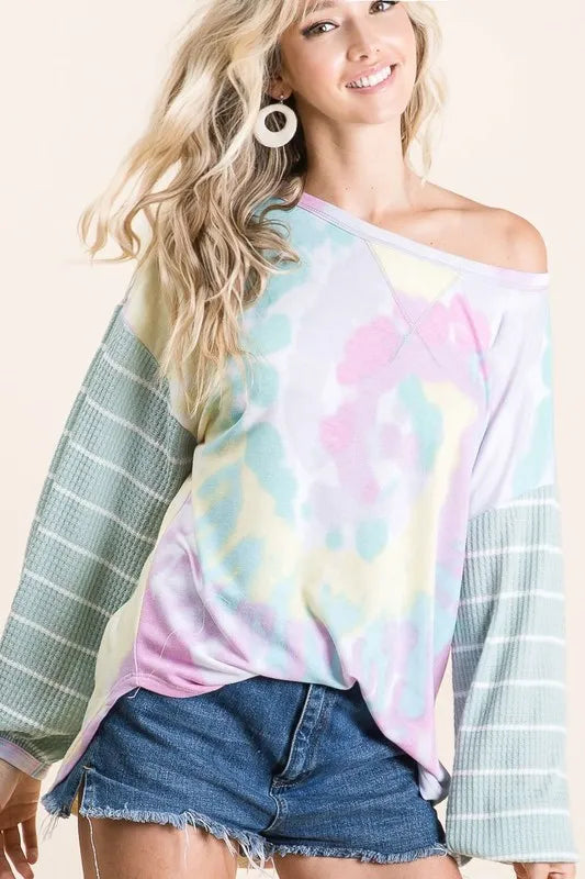 BiBi Tie Dye Terry Top with Wide Stripe Thermal Waffle - Tigbul's Variety Fashion Shop