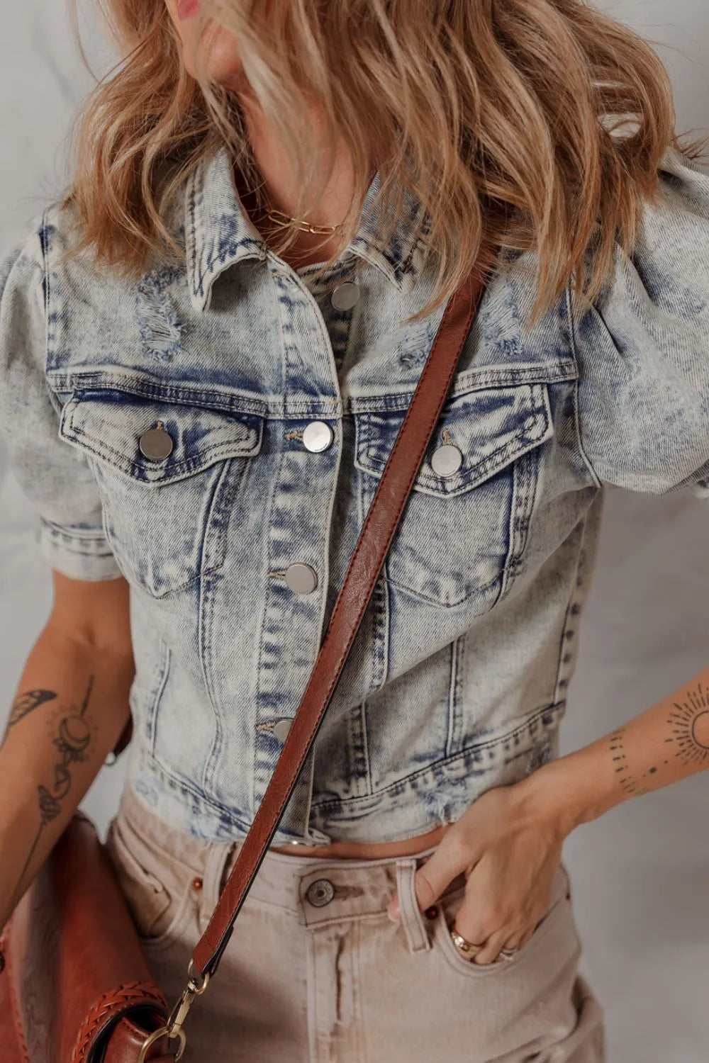 Wash Buttoned Chest Pocket Puff Sleeve Denim Jacket - Tigbul's Variety Fashion Shop
