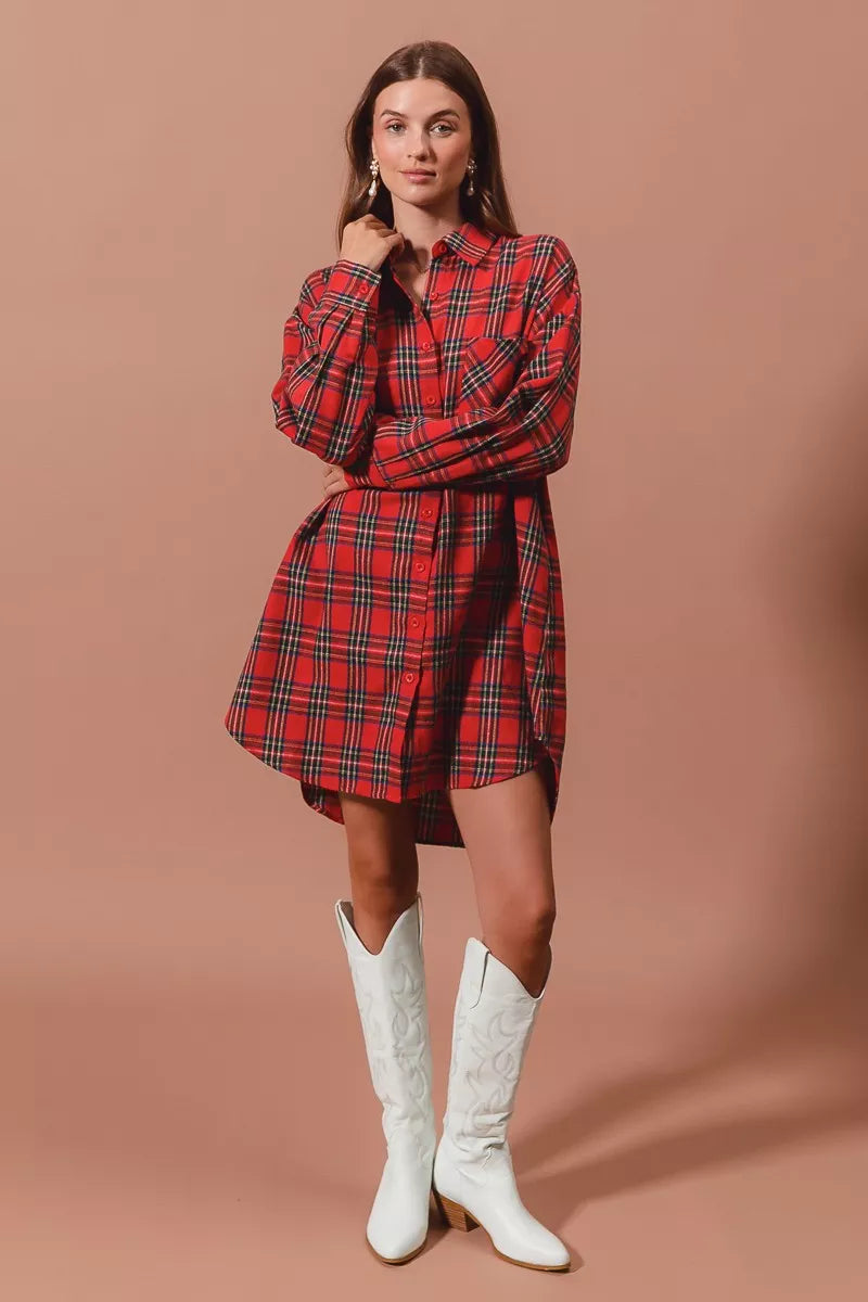SO ME Christmas Checker Plaid Button Up Shirt Dress - Tigbul's Variety Fashion Shop
