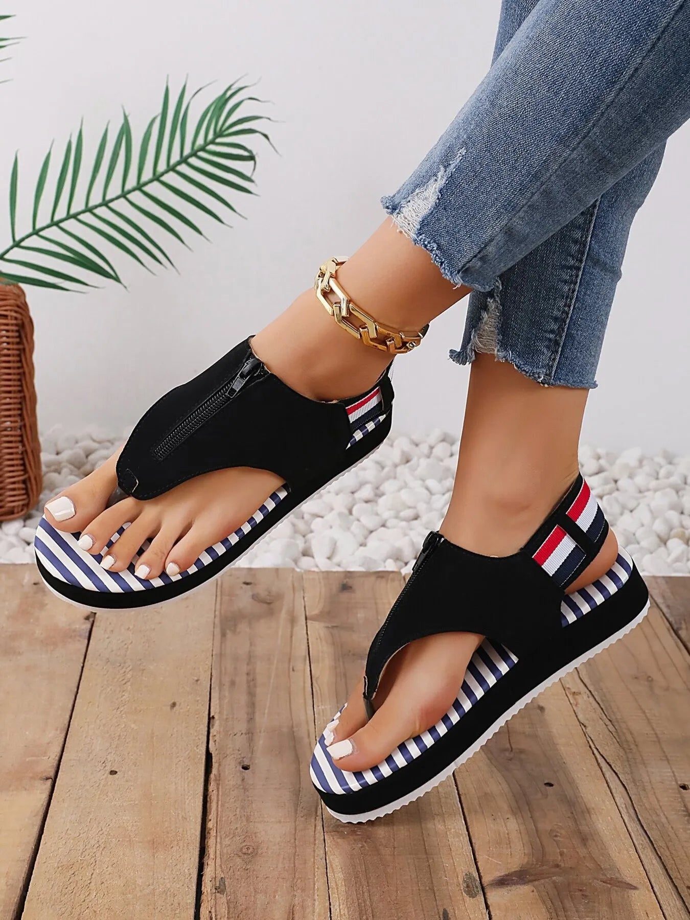 Striped Platform Toe Post Sandals - Tigbul's Variety Fashion Shop