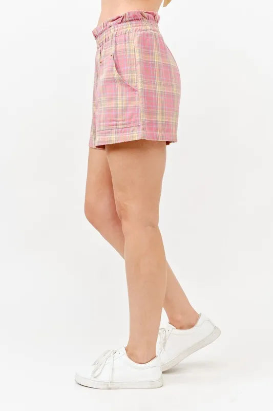 Pink Plaid Print Smocked Detail Casual Shorts - Tigbul's Variety Fashion Shop