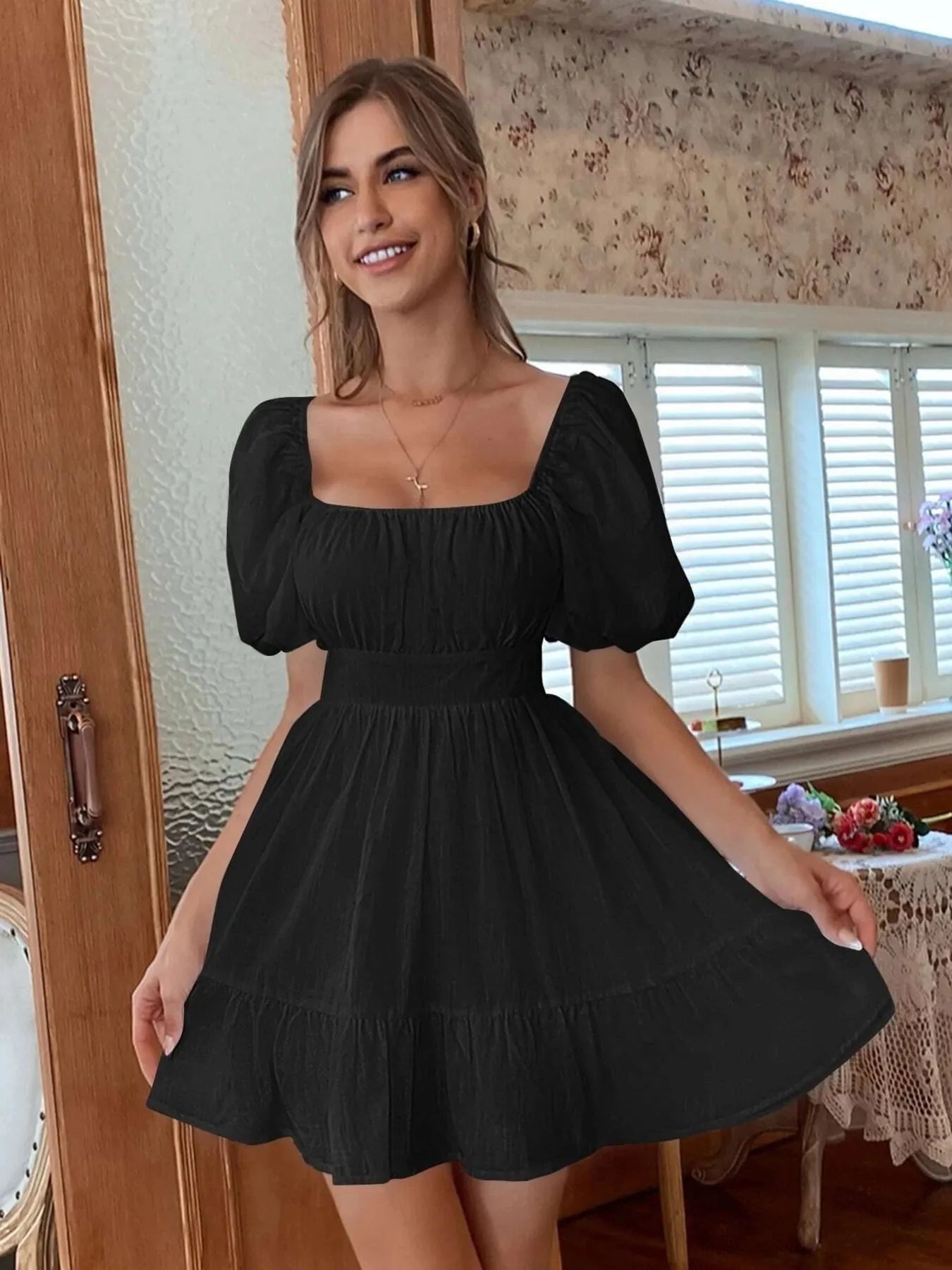Square Neck Puff Sleeve Mini Dress - Tigbul's Variety Fashion Shop