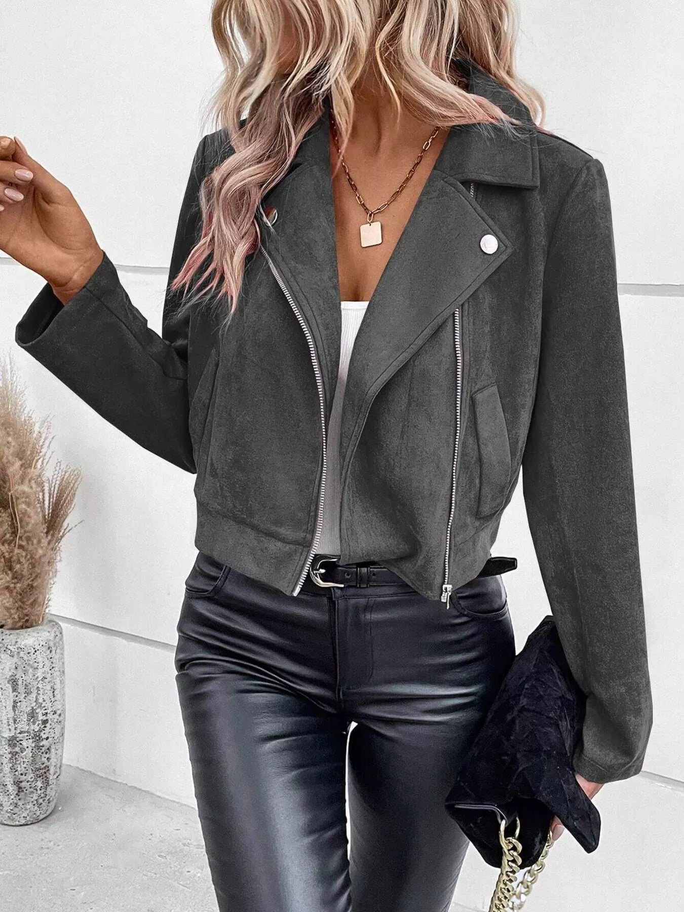 Suede Moto Jacket with Zip Detail - Tigbul's Variety Fashion Shop