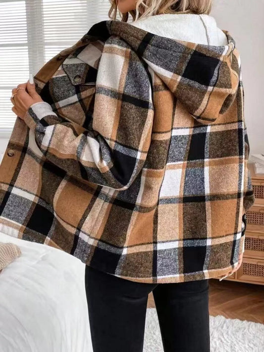 Hooded Plaid Button Up Jacket - Tigbul's Variety Fashion Shop