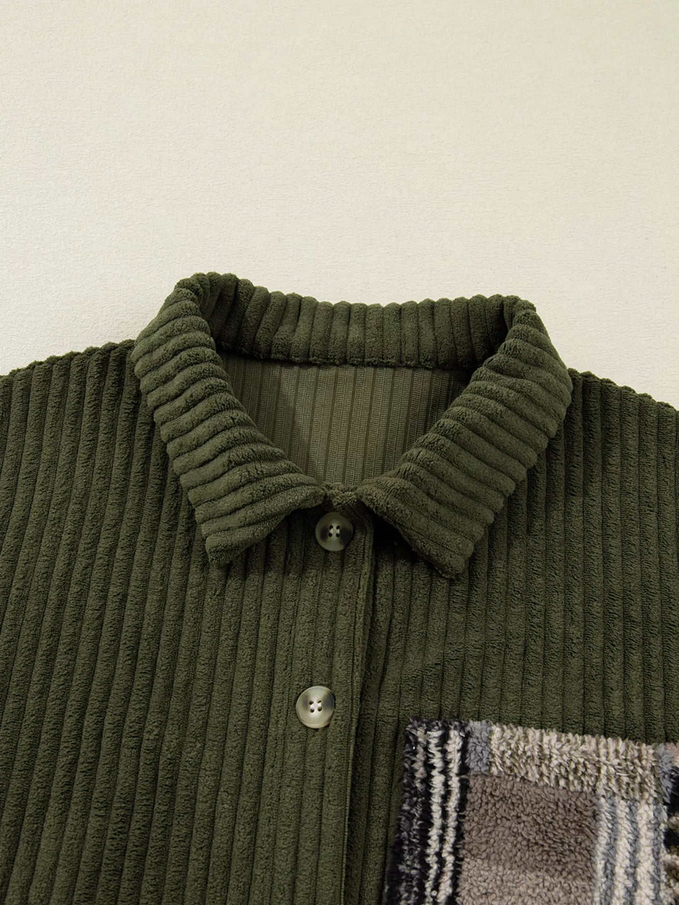 Ribbed Fleece Plaid Print Patchwork Button Up Jacket - Tigbul's Variety Fashion Shop