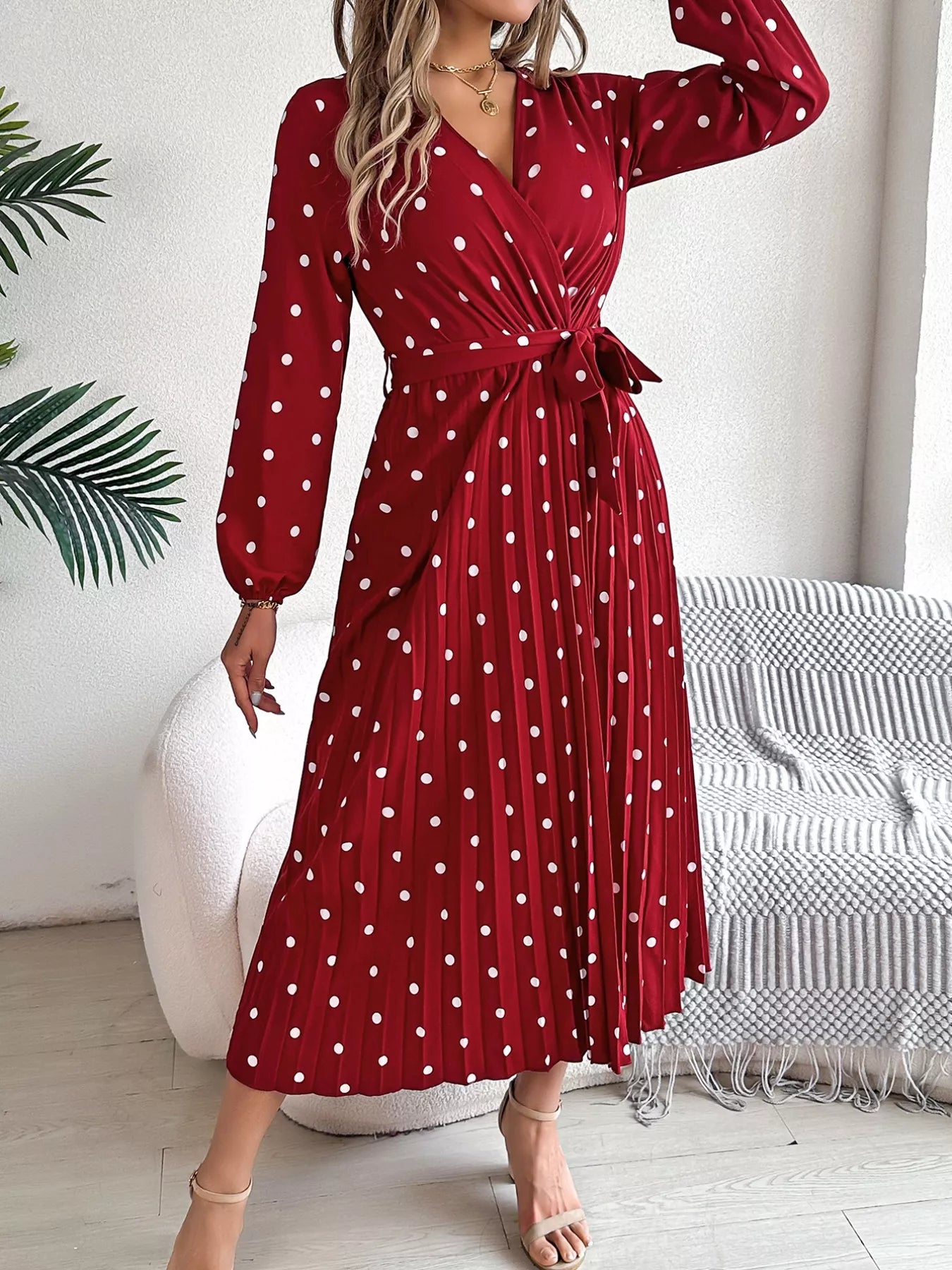 Front Tie Polka Dot Midi Pleated Dress - Tigbul's Variety Fashion Shop
