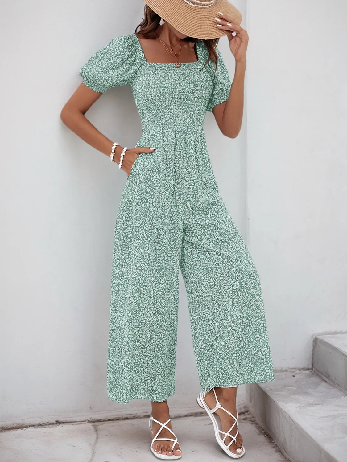Printed Square Neck Puff Sleeve Jumpsuit - Tigbul's Variety Fashion Shop