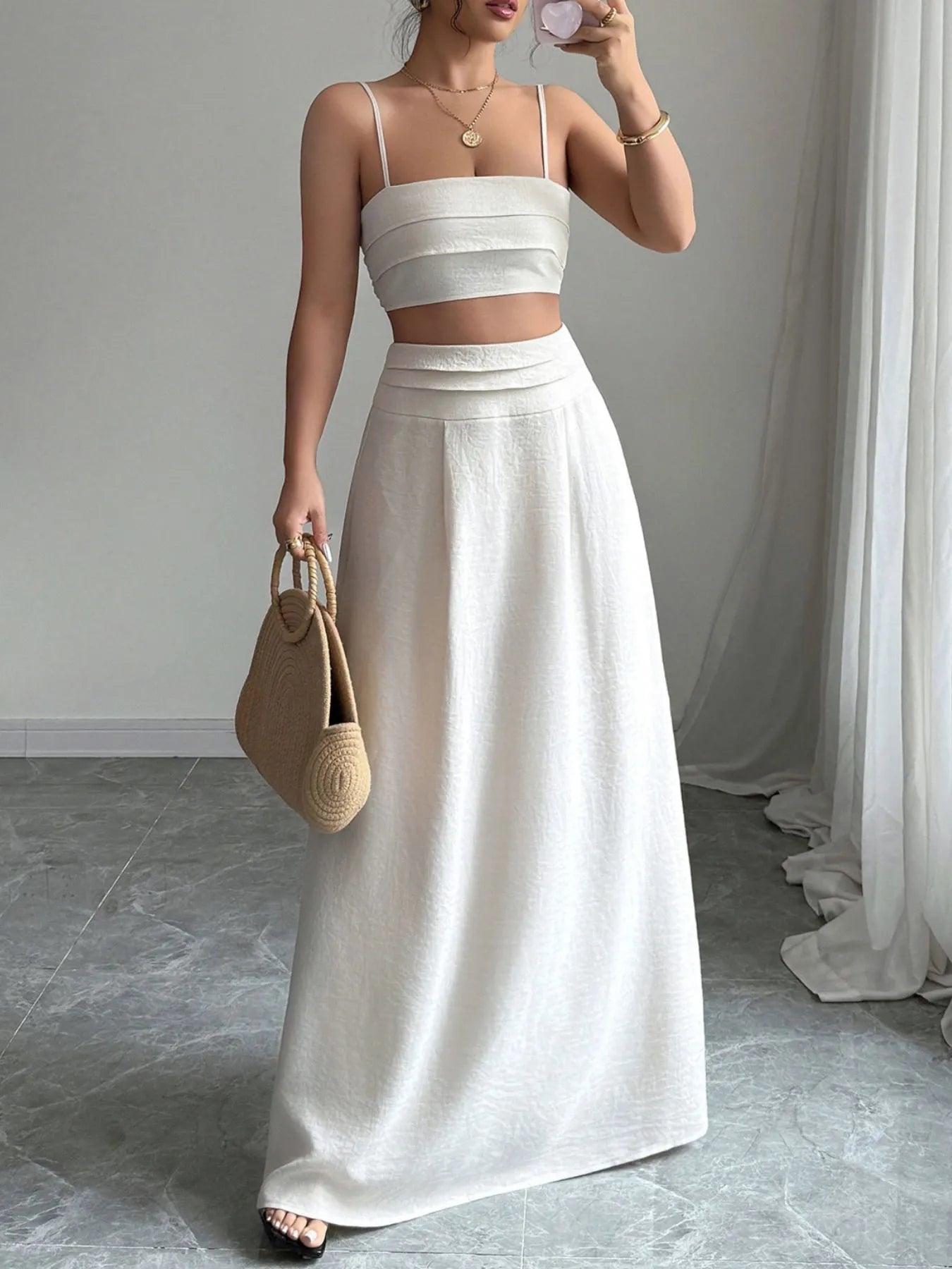 Square Neck Cami and Maxi Skirt Set - Tigbul's Variety Fashion Shop