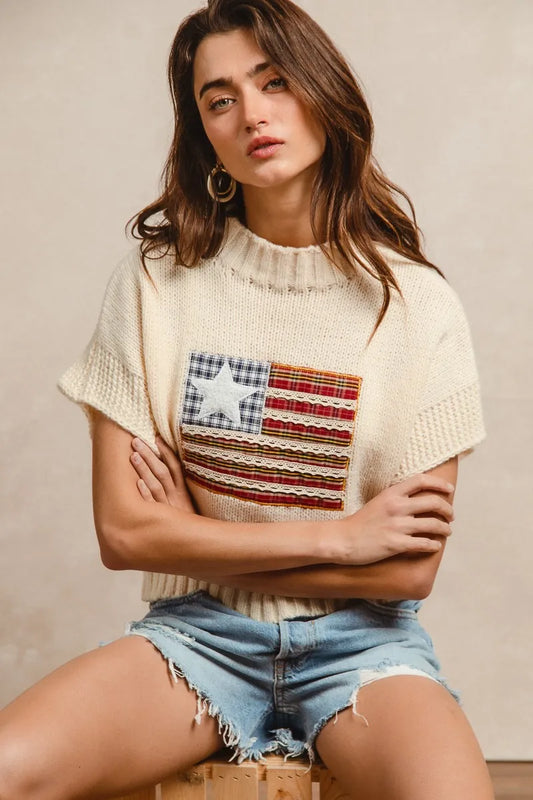 BiBi American Flag Patchwork Drop Shoulder Sweater - Tigbul's Variety Fashion Shop