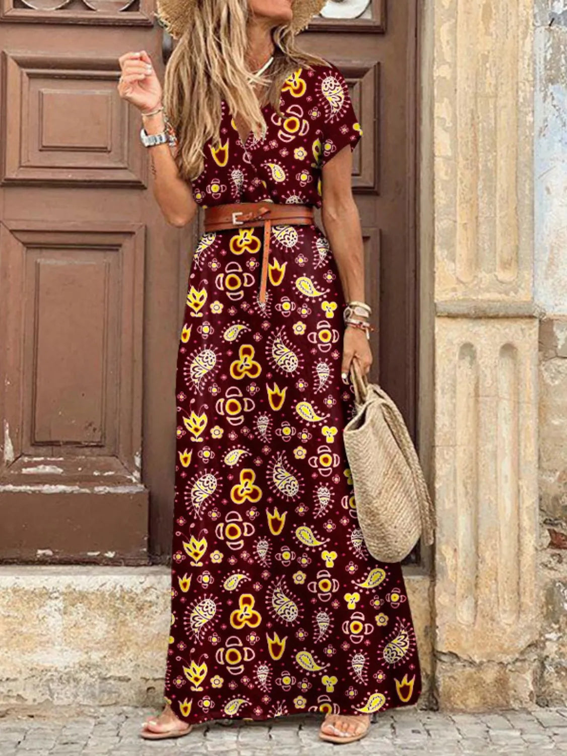 Full Size Printed V-Neck Short Sleeve Maxi Dress Plus Size - Tigbul's Variety Fashion Shop