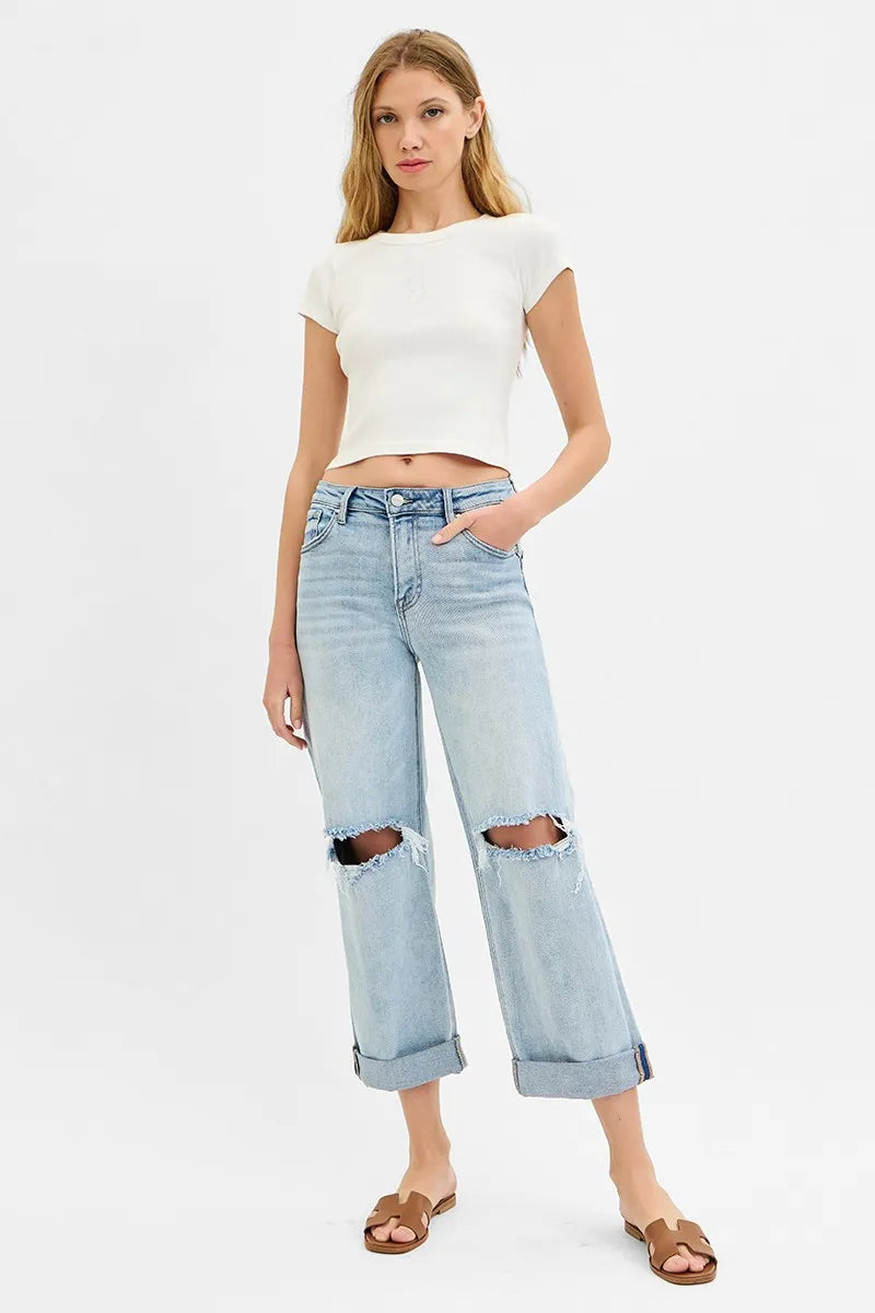 RISEN Full Size Mid Rise Fit Boyfriend Jeans with Cuff Plus Size - Tigbul's Variety Fashion Shop