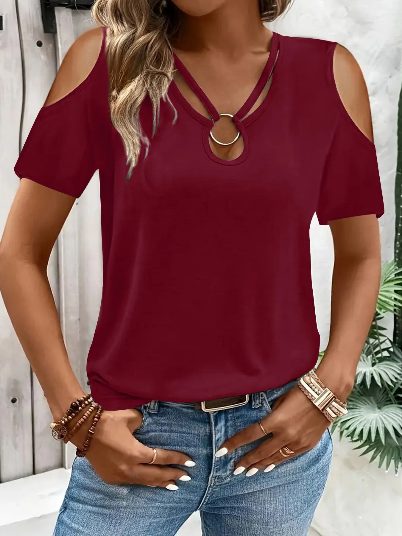 Cold Shoulder T-Shirt with Metal Ring Detail - Tigbul's Variety Fashion Shop