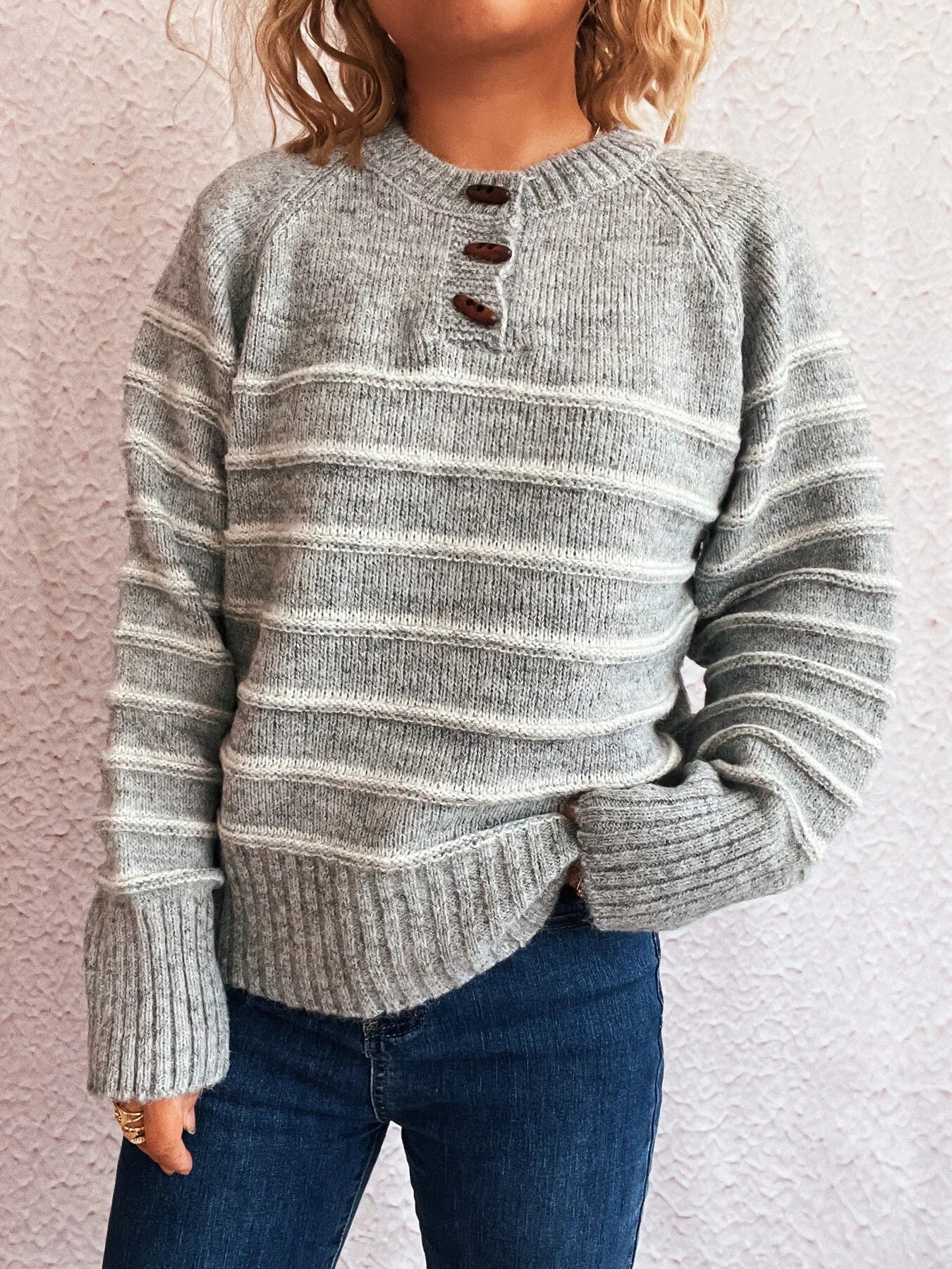 Striped Button Detail Long Sleeve Sweater - Tigbul's Variety Fashion Shop