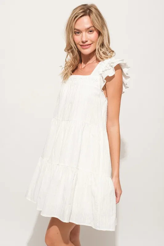 Origami Pleating Ruffled Sleeve Off White Tiered Dress - Tigbul's Variety Fashion Shop