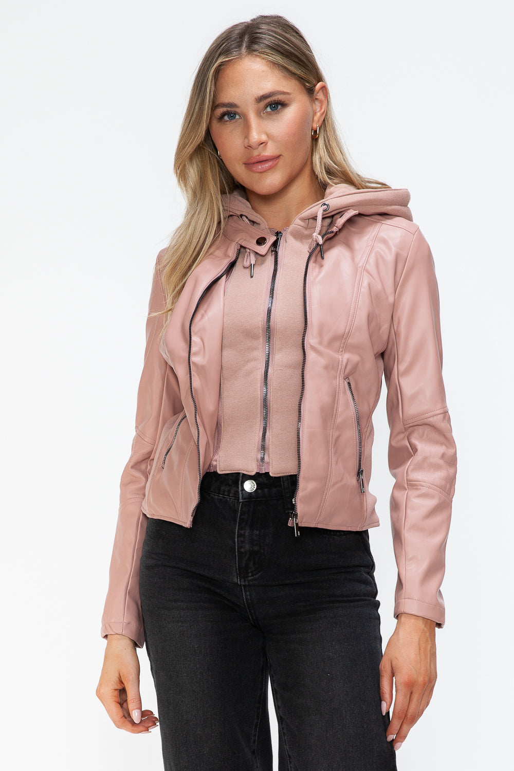 Mauve Faux Leather Zip Up Drawstring Hooded Jacket - Tigbul's Variety Fashion Shop