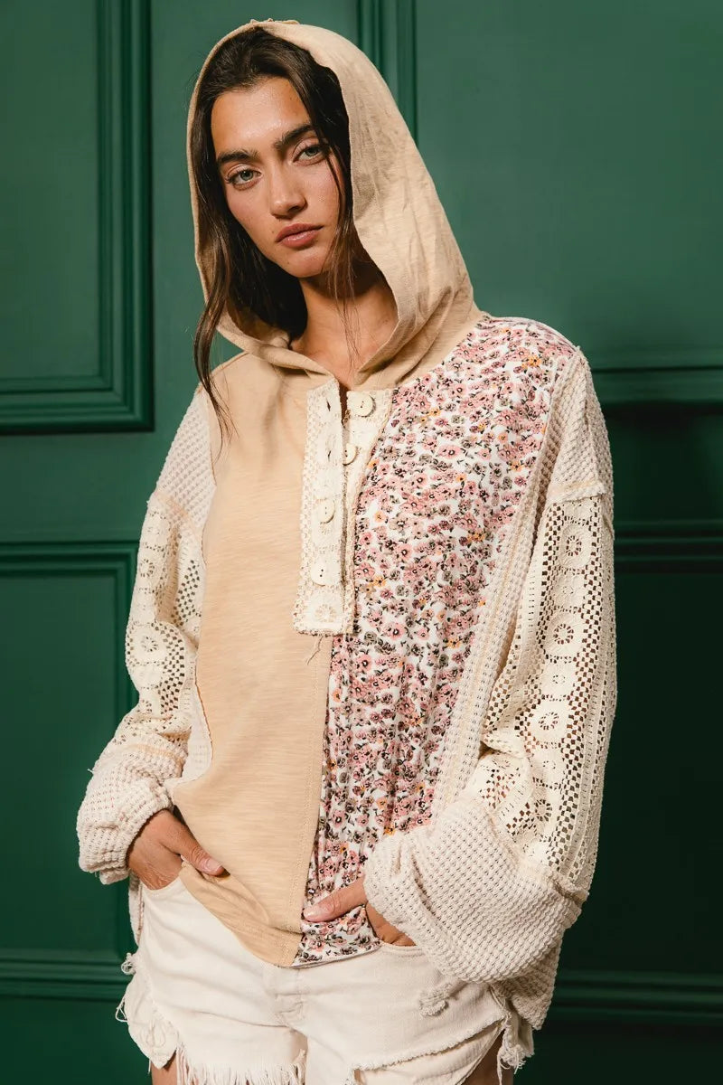 BiBi Slub Jersey with Lace Combo Buttoned Hoodie Top - Tigbul's Variety Fashion Shop