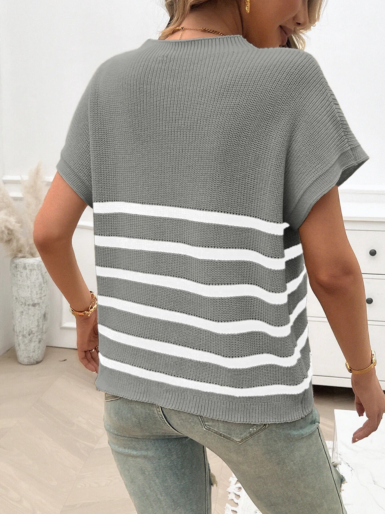 Striped Round Neck Short Sleeve Sweater - Tigbul's Variety Fashion Shop