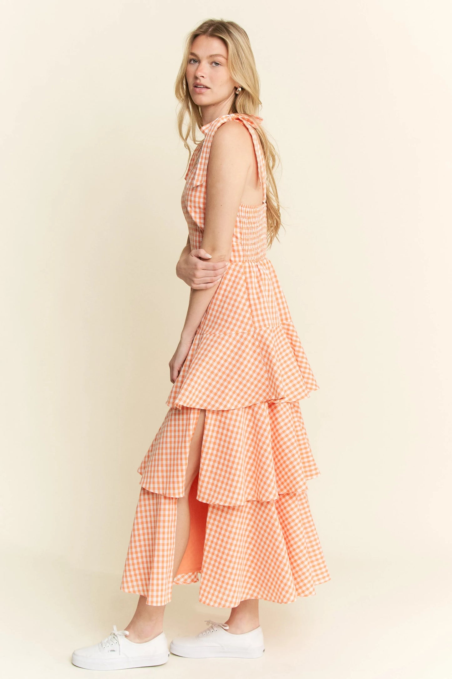 Orange Sleeveless Gingham Print Tiered Midi Dress - Tigbul's Variety Fashion Shop