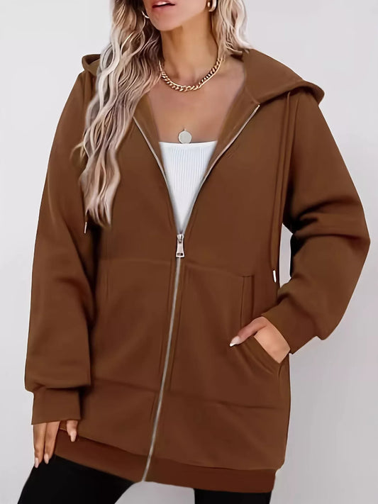Drawstring Zip Up Long Sleeve Hoodie - Tigbul's Variety Fashion Shop