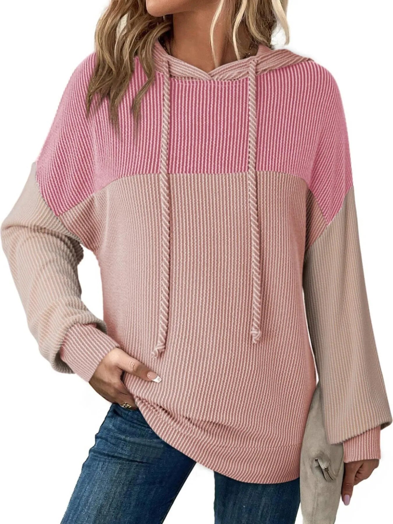 Drawstring Color Block Long Sleeve Hoodie - Tigbul's Variety Fashion Shop