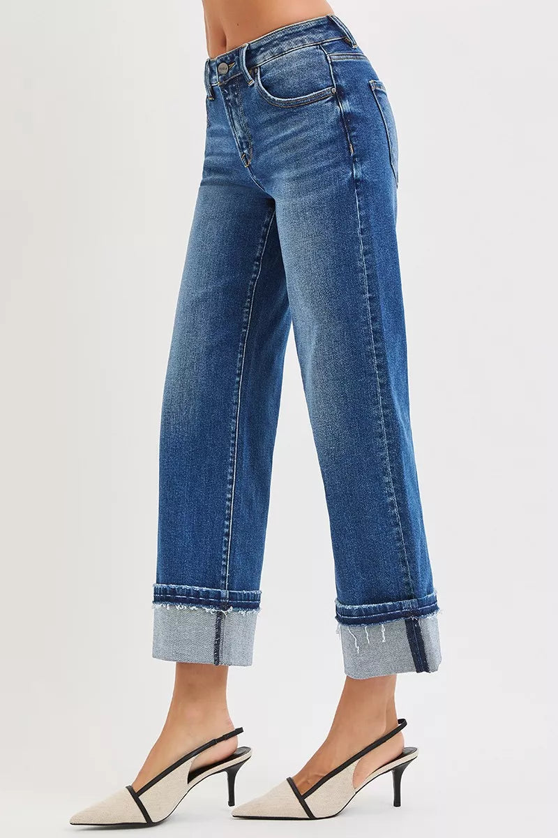 RISEN Mid Rise Ankle Straight Jeans with Cuffed Hem - Tigbul's Variety Fashion Shop