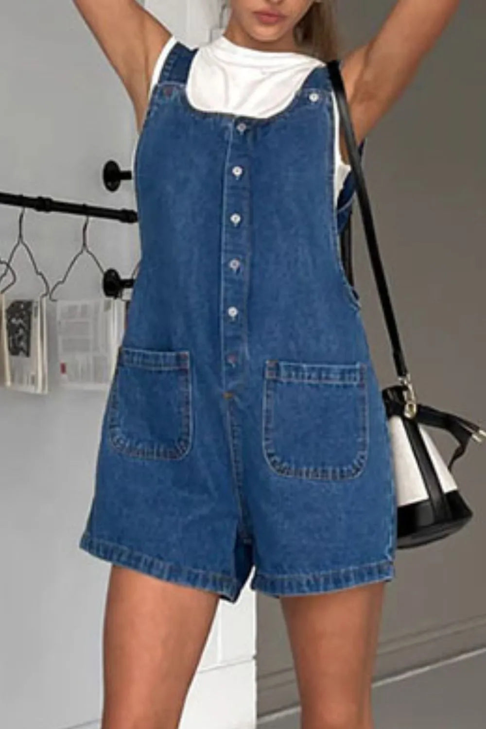 Button Front Denim Overall Shorts with Front Pockets - Tigbul's Variety Fashion Shop