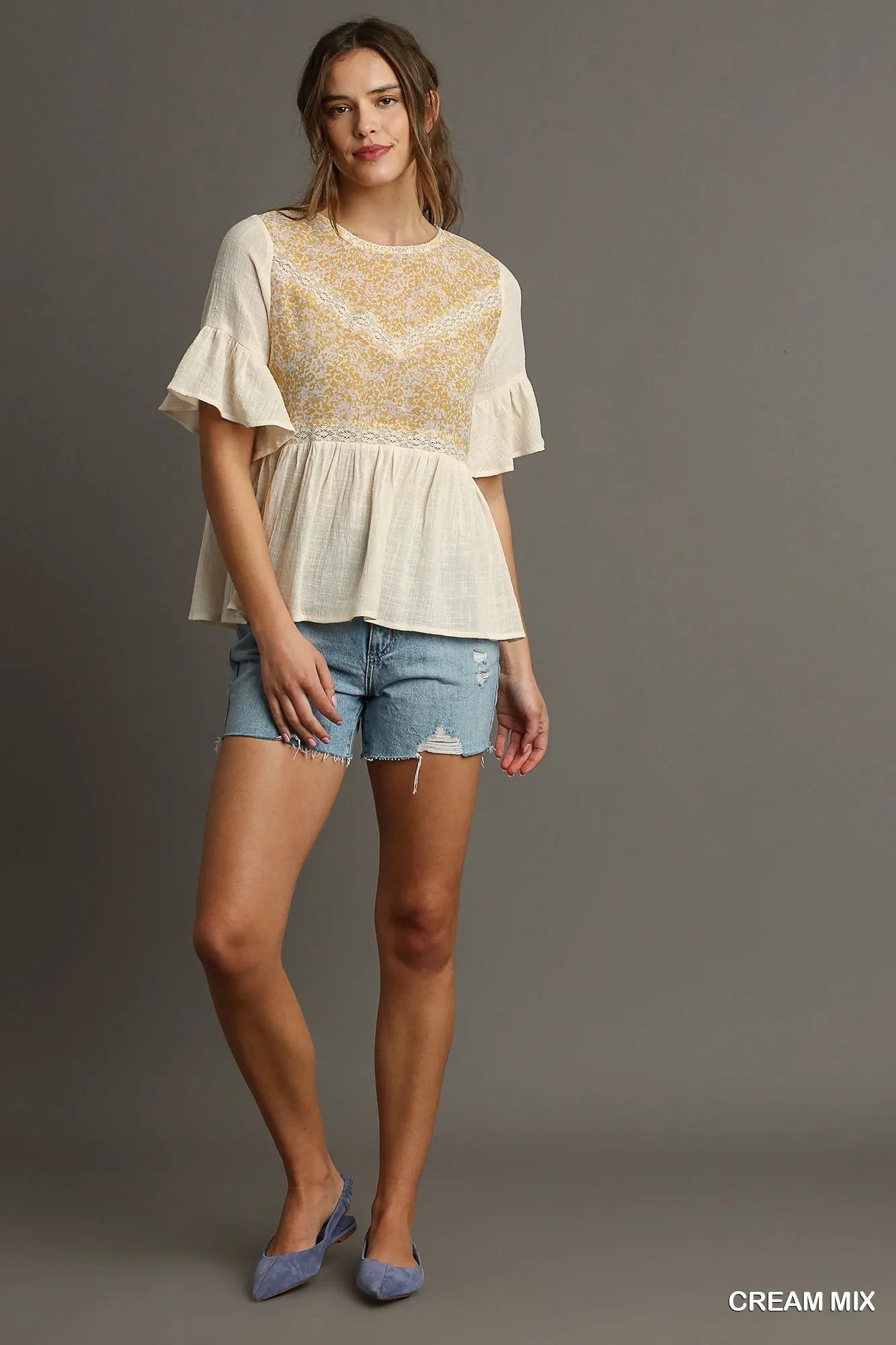 Umgee Floral Lace Trimmed Detail Half Sleeve Babydoll Top - Tigbul's Variety Fashion Shop