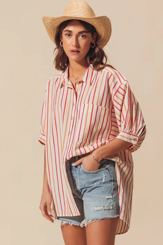 Pink Multicolored Stripe Button Down Shirt - Tigbul's Variety Fashion Shop