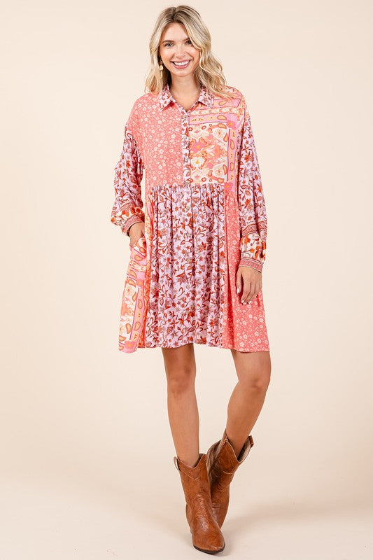Pink Floral Button Detail Long Sleeve Shirt Dress - Tigbul's Variety Fashion Shop