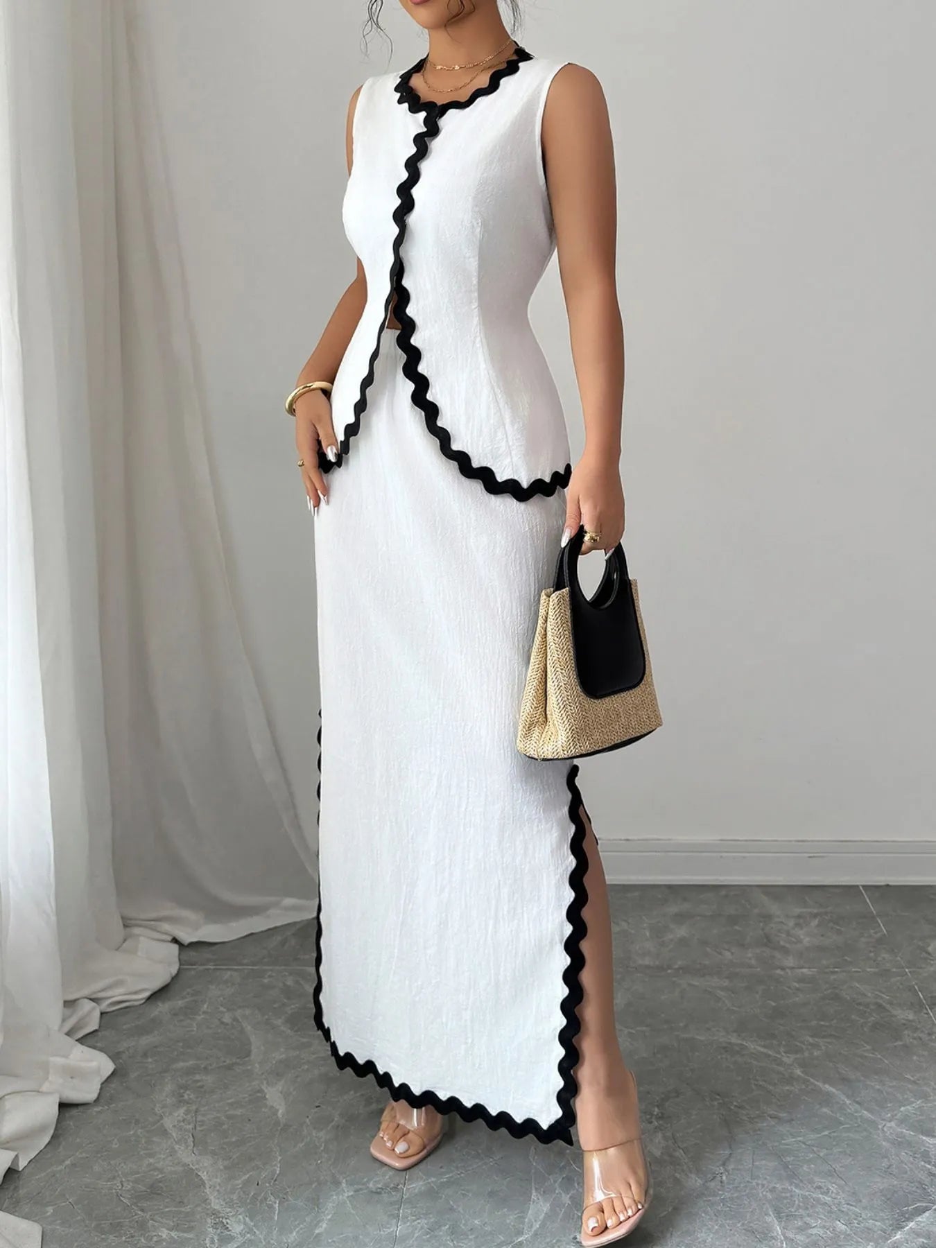 Contrast Scalloped Trim Sleeveless Top and Skirt Set - Tigbul's Variety Fashion Shop