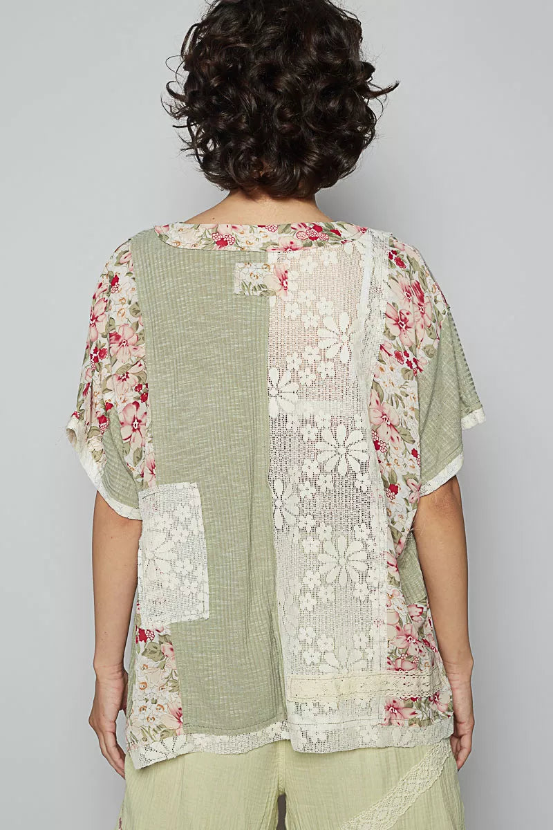 POL Lace Round Neck Short Sleeve Floral Pattern Top with Patch Detail - Tigbul's Variety Fashion Shop