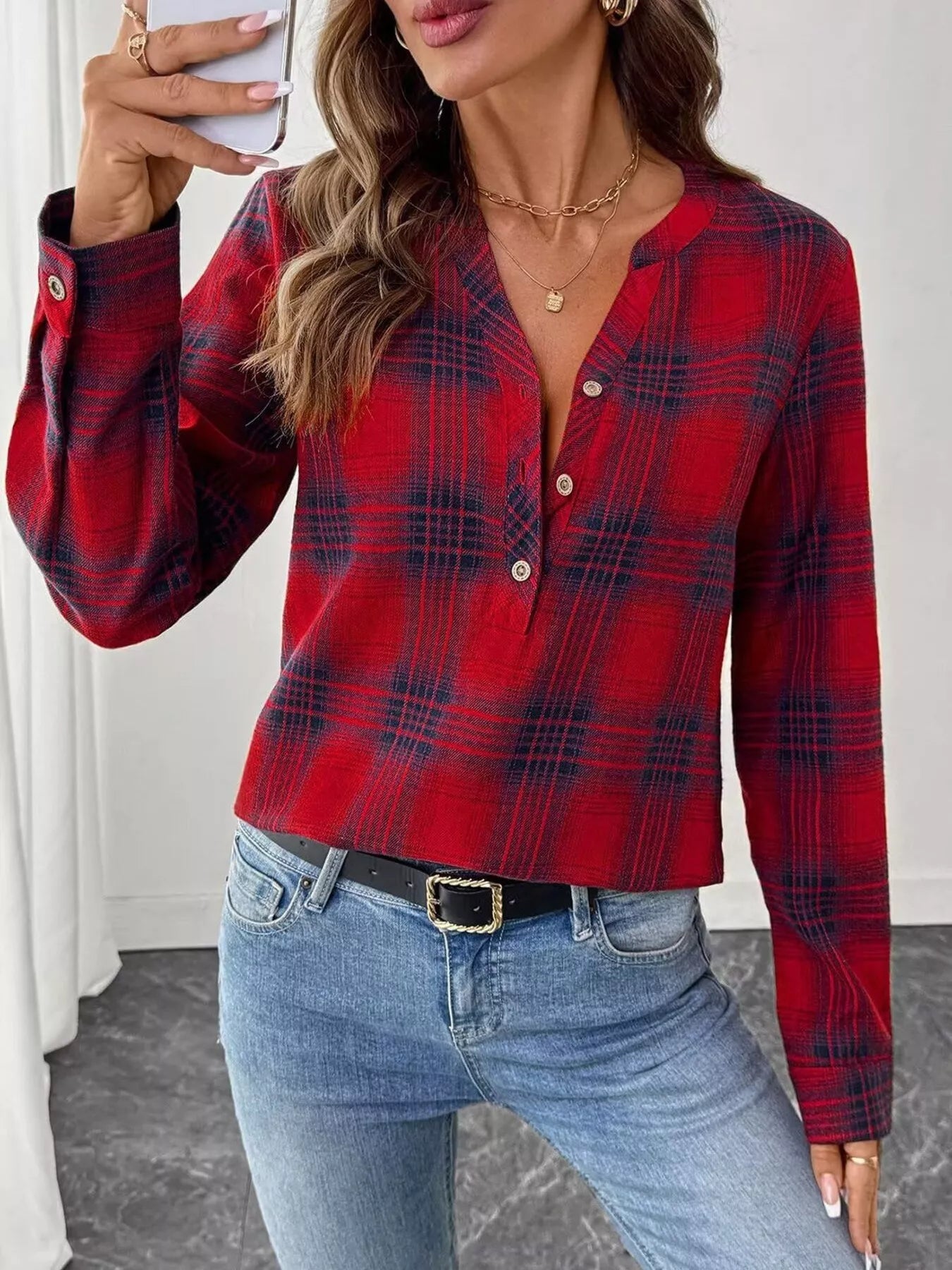 Plaid Half Button Long Sleeve Blouse - Tigbul's Variety Fashion Shop