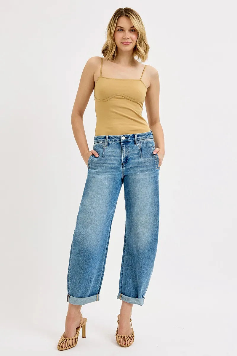 RISEN Full Size Mid Rise Fit Barrel Roll Up Jeans Plus Size - Tigbul's Variety Fashion Shop