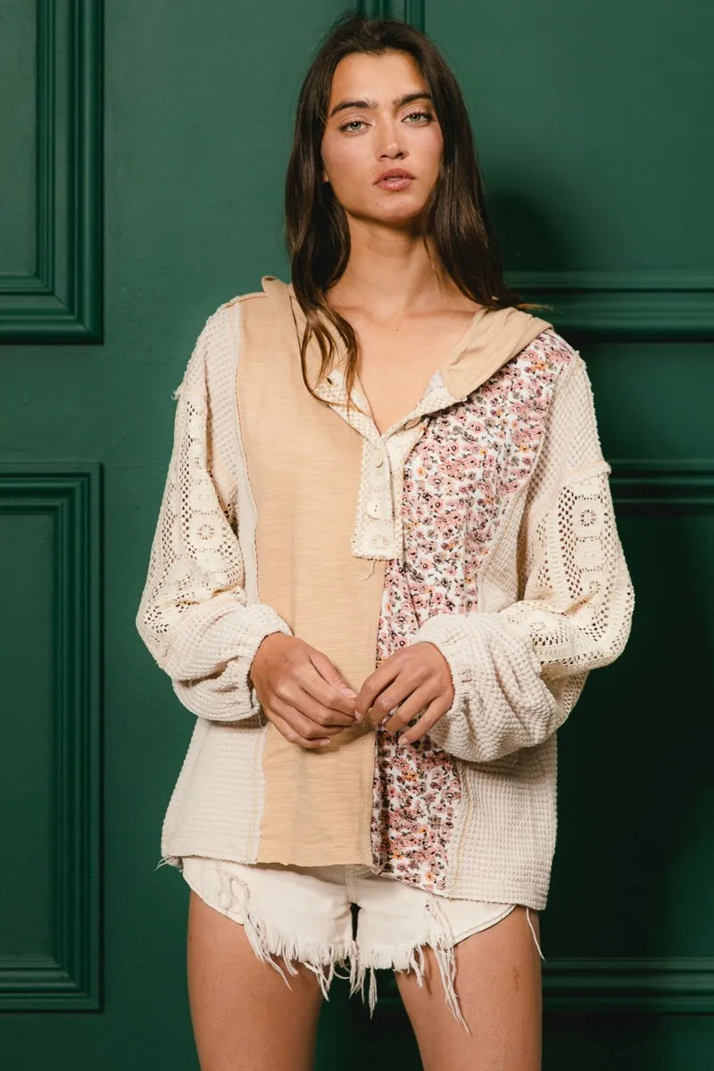 BiBi Slub Jersey with Lace Combo Buttoned Hoodie Top - Tigbul's Variety Fashion Shop