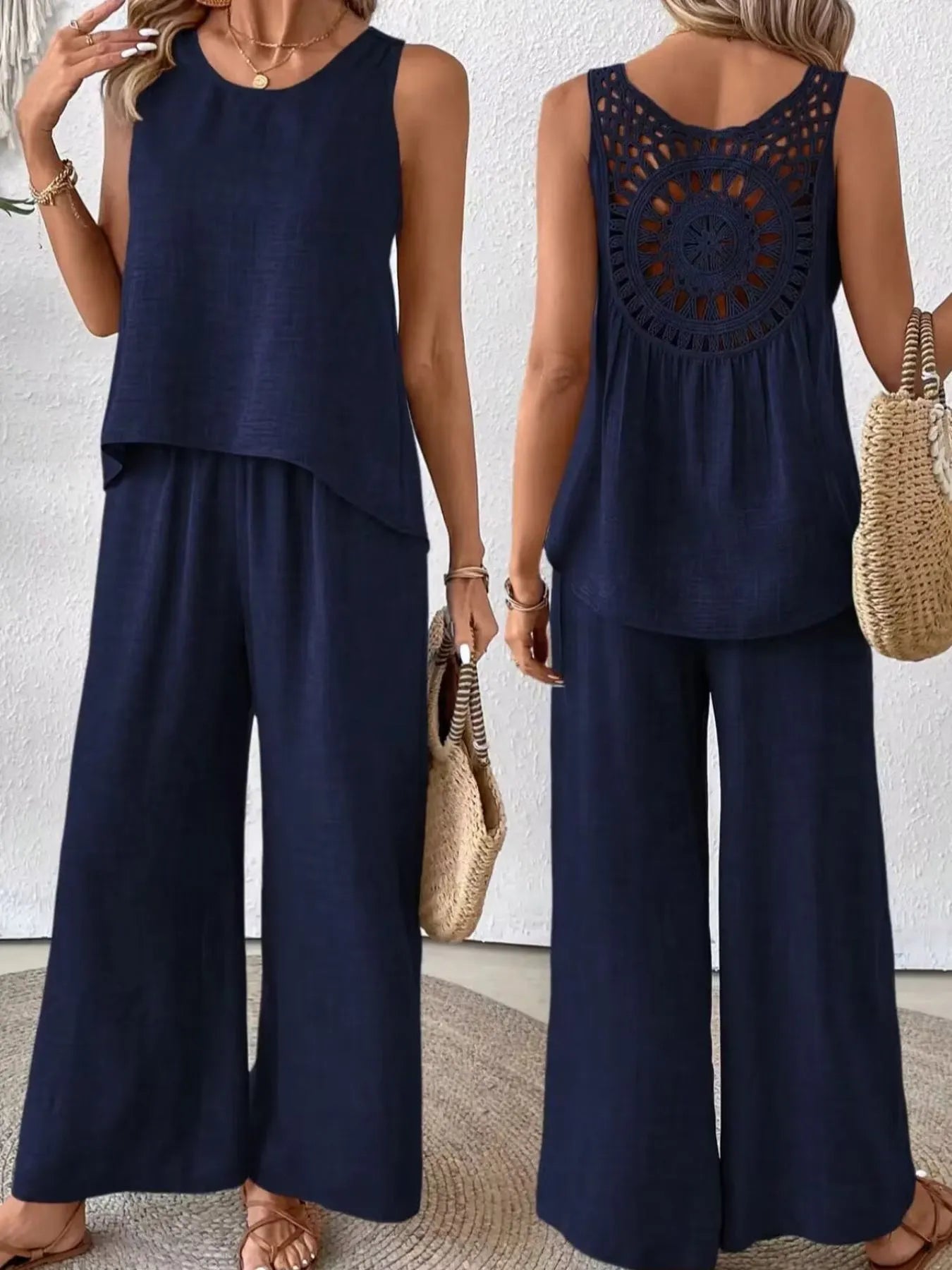 Round Neck Tank and Wide Leg Pants Set - Tigbul's Variety Fashion Shop