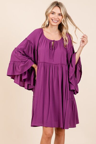 Red-Violet Frill Tie Neck Bell Sleeve Dress - Tigbul's Variety Fashion Shop