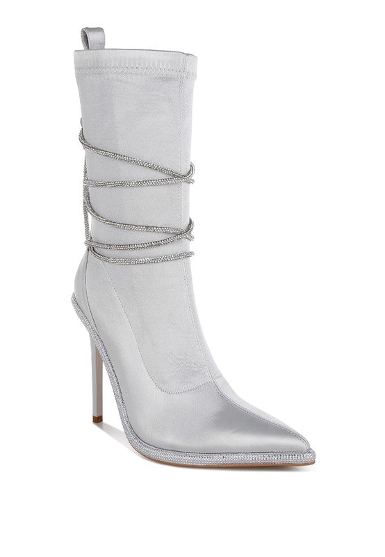 Dacia Rhinestones Strap Metallic Satin Calf Boots 4 inch Heels - Tigbul's Variety Fashion Shop