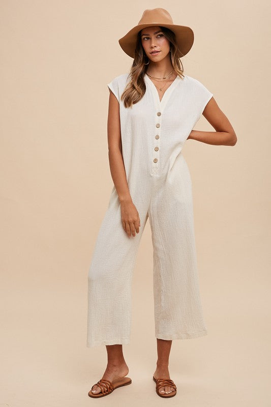 Cream Color Button Detail Wide Leg Jumpsuit with Pockets - Tigbul's Variety Fashion Shop