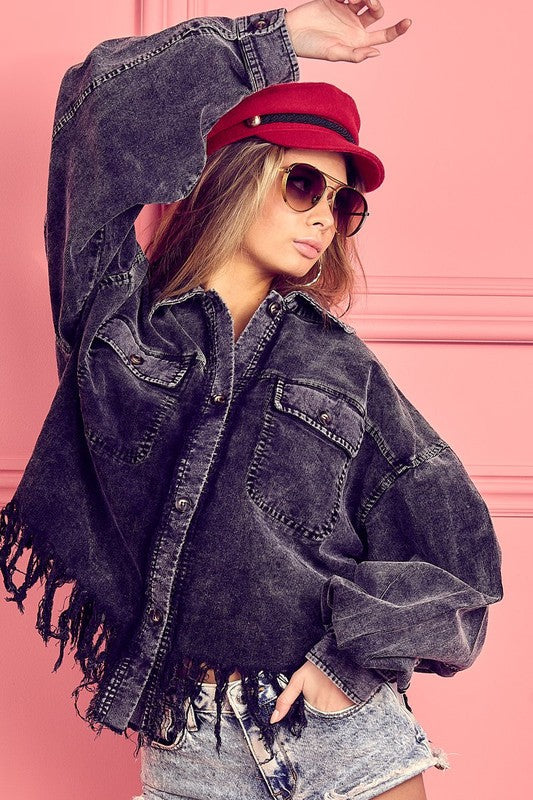 BiBi Fringe Hem Washed Corduroy Button Down Shacket - Tigbul's Variety Fashion Shop
