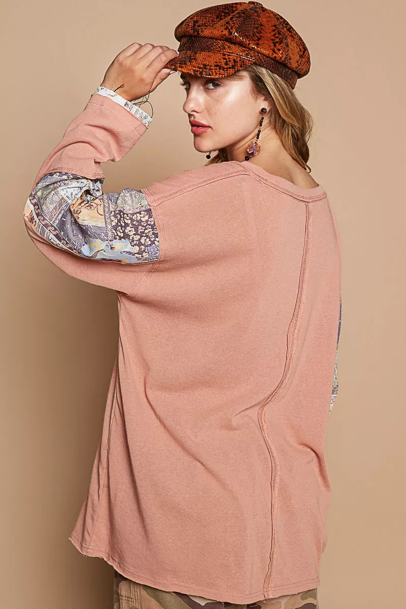 POL Round Neck Long Sleeve Roomy Fit Top with Stitch Detail - Tigbul's Variety Fashion Shop