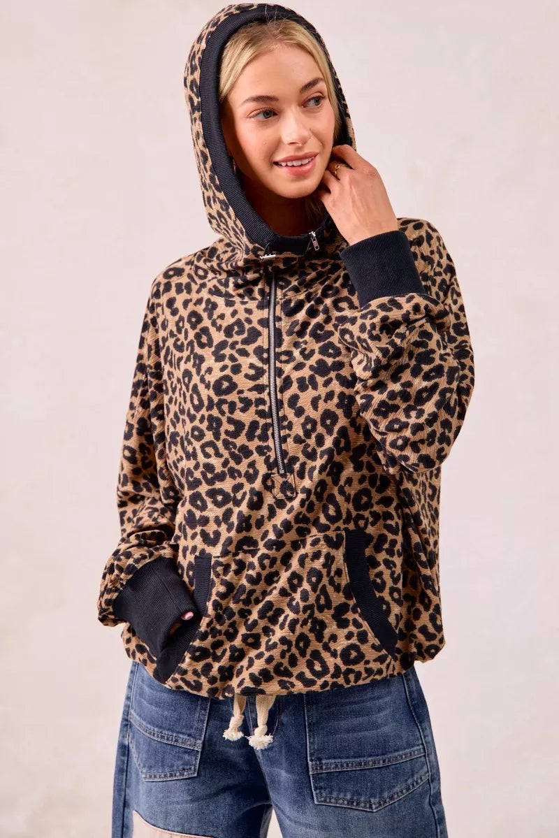 BiBi Leopard Print Waffle Half Zip Up Hoodie W Pocket - Tigbul's Variety Fashion Shop