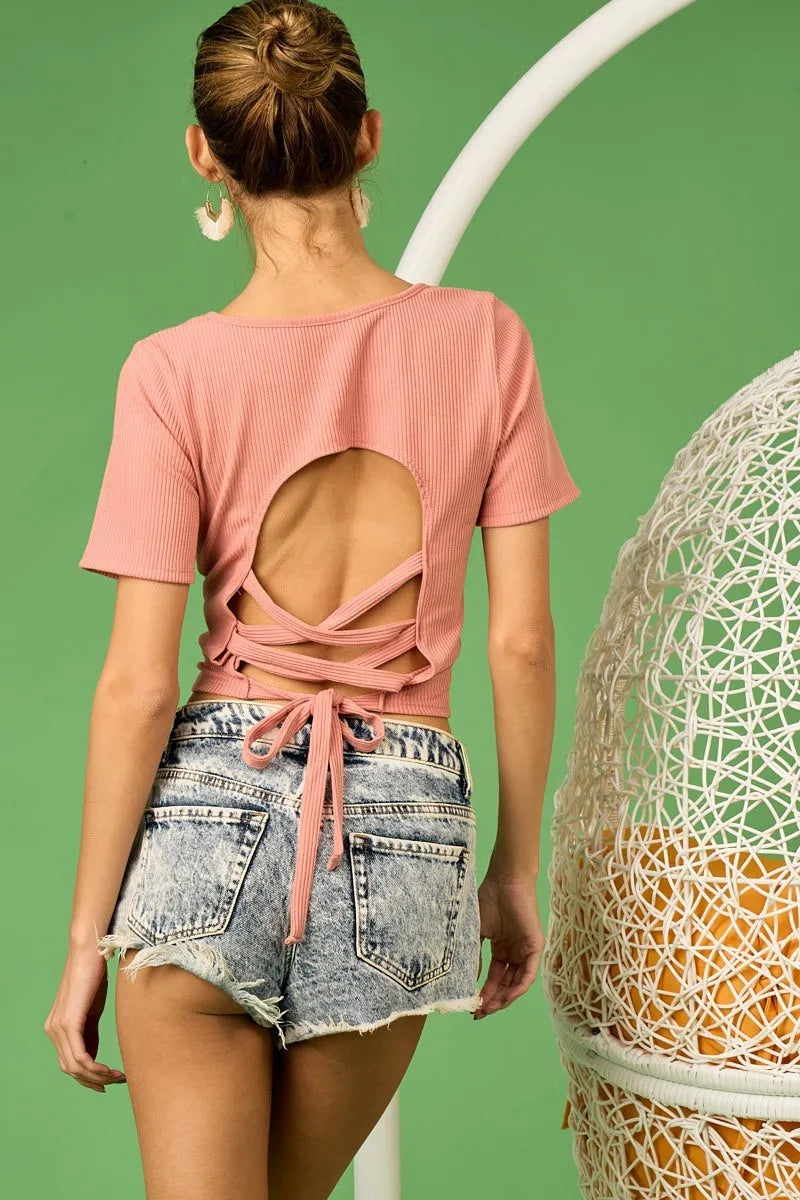 Rib Knit with Back Cross and Tied Detailed Top - Tigbul's Variety Fashion Shop