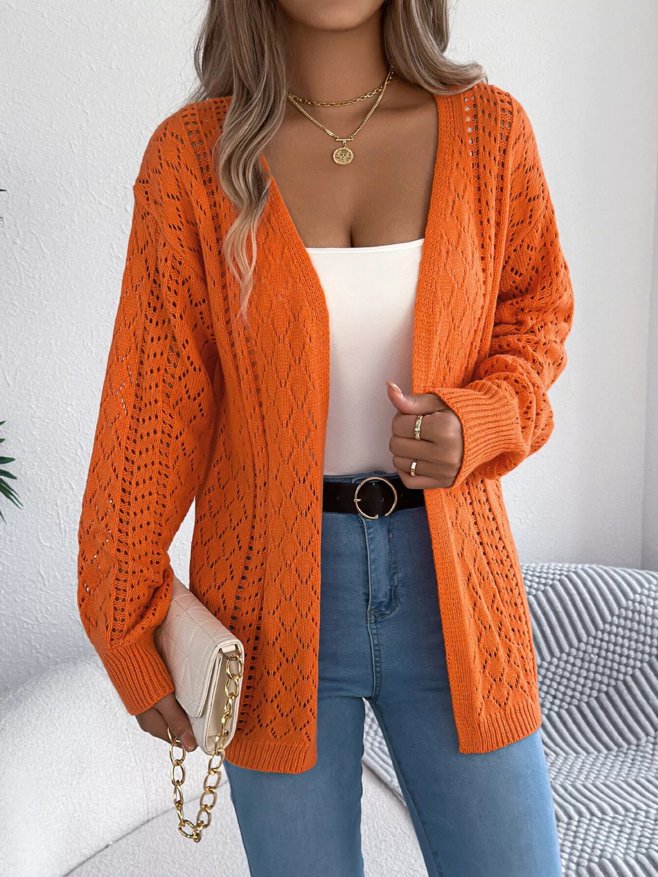 Openwork Open-Front Long Sleeve Cardigan - Tigbul's Variety Fashion Shop